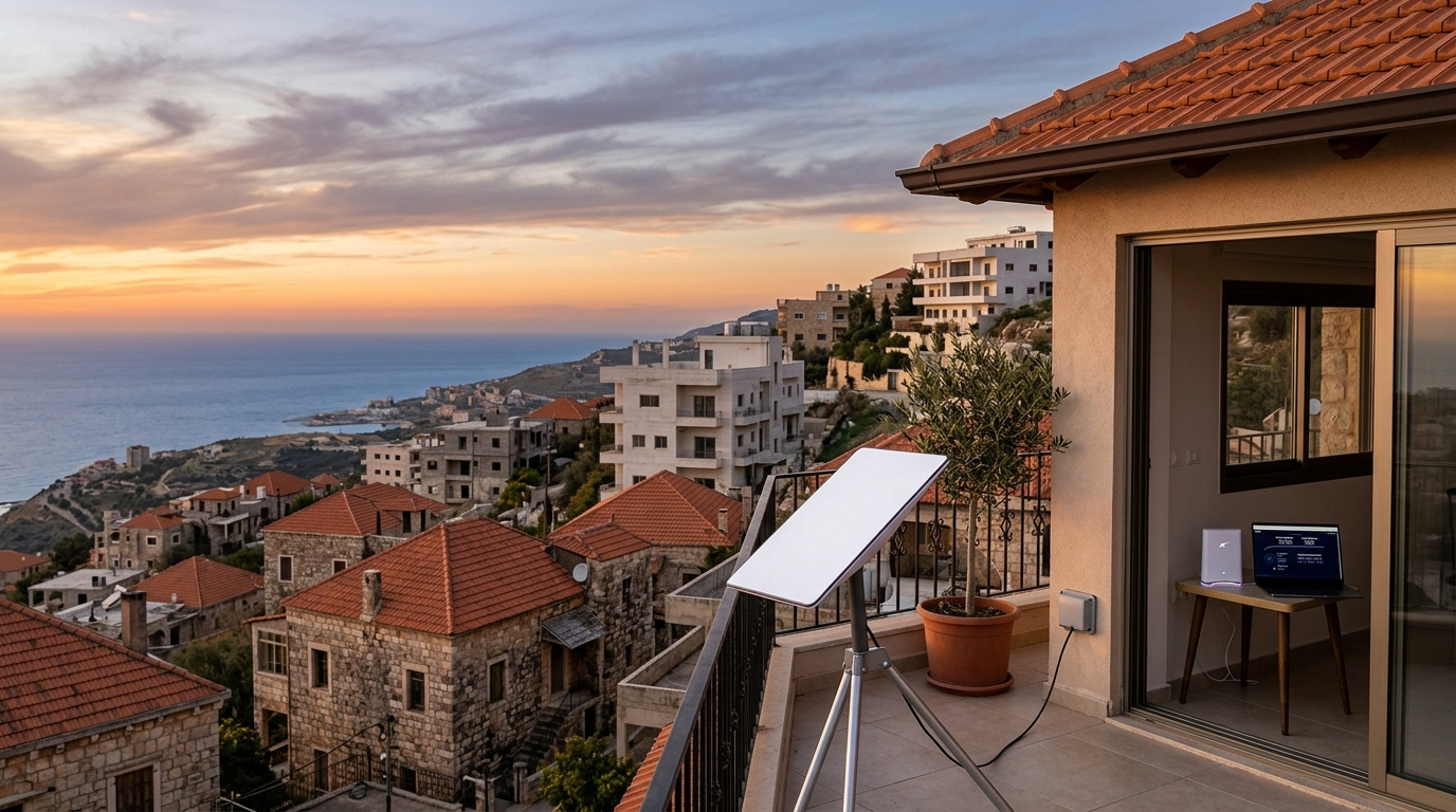 A Starlink internet satellite dish installed on the balcony of a traditional stone house in Lebanon. The background shows a hillside town with red-roofed buildings sloping down toward the Mediterranean sea during a warm golden hour sunset.